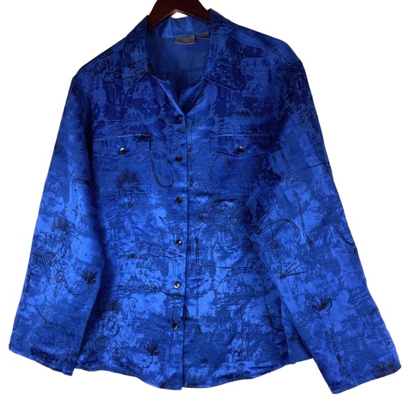Chicos Sz 3 (XL 1X 16 18) Shirt Top Blouse Silk Linen Blue Safari Animals Jungle - Picture 2 of 7